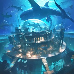 An advanced deep sea underwater research facility bathed in colorful lights and surrounded by a school of sharks.