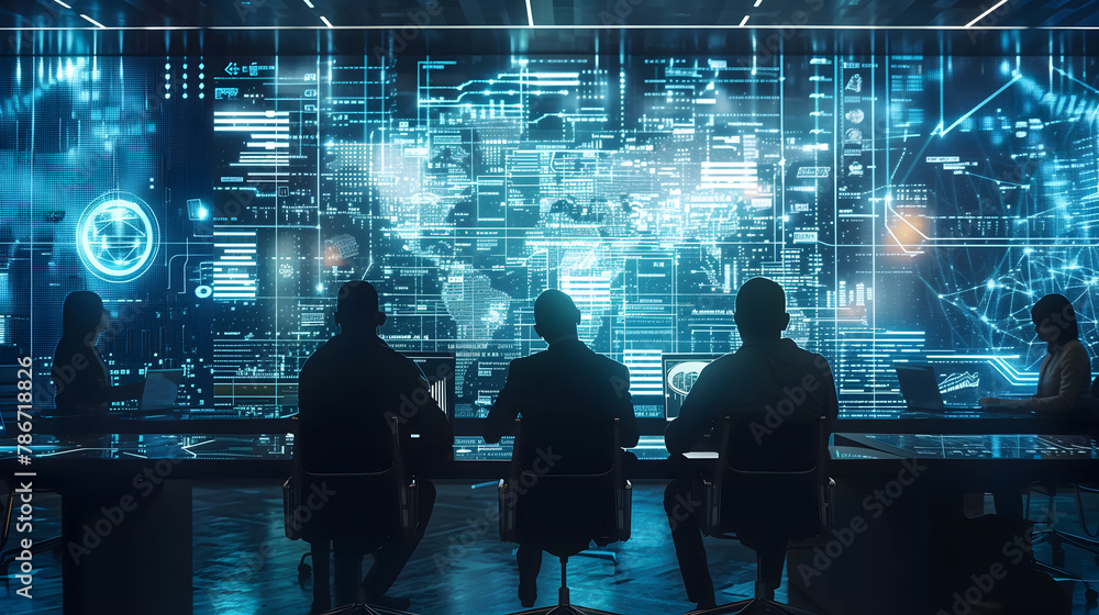 Poster business people holographic digital screen uturistic world map data visualization conference table i