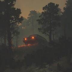 Fototapeta na wymiar An old car venturing down a foggy forest path under the moonlight.