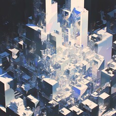 Explosive Cityscape Sunrise: Dynamic Abstract Triangles Illuminating Metropolis Architecture in Futuristic Setting - Adobe Stock Image