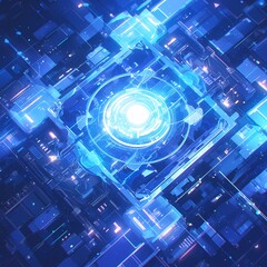 Fototapeta na wymiar Dynamic and Futuristic Digital Illustration of a Quantum Computer Core with Glittering Blue Lights, Advanced Circuitry, and Vivid Hues