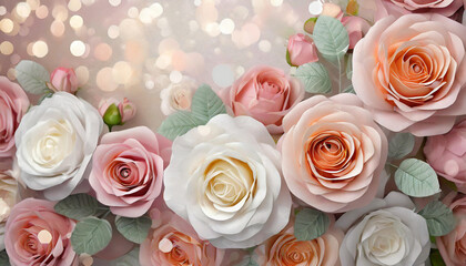 Peach Pink & White Roses Bouquet with Ample Copy Space 