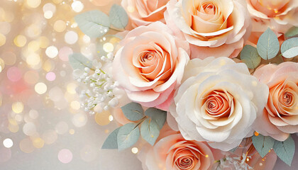 Peach Pink & White Roses Bouquet with Ample Copy Space 