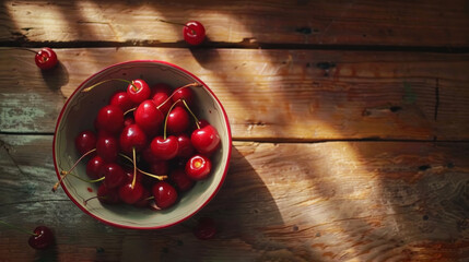 A bowl of bing cherries on a wooden tabletop or picnic table.