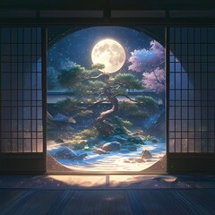 Bask in the serene glow of a traditional Japanese garden as moonlight illuminates the raked sand patterns and ancient tree.