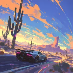 Deurstickers Explosive Vibrancy: Sunset Desert Drive with Futuristic Vehicle © RobertGabriel
