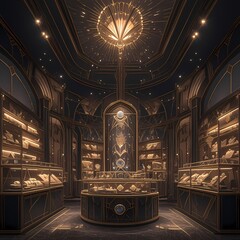 Glamorous Art Deco Jewelry Shop featuring Golden Chandeliers and Shiny Merchandise - obrazy, fototapety, plakaty