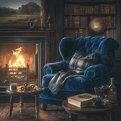 Inviting Indoor Scene with Chairs and Fireplace - obrazy, fototapety, plakaty