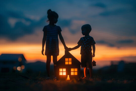 Silhouette of a family holding hands, standing behind a small luminescent house model during twilight