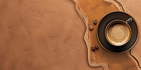 Earthy brown banner with a coffee cup on the side with space for copy space. - obrazy, fototapety, plakaty
