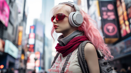 Obraz premium Stylish woman with modern gadgets and glasses reflecting colorful lights of cyberpunk cityscape
