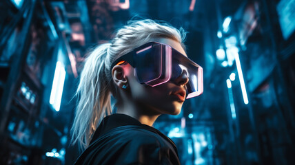 Stylish woman in trendy VR glasses reflecting multicolored lights of cyberpunk cityscape