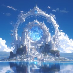 Aerial View of a Floating Utopian City with Stunning Sci-Fi Design and Luminous Core