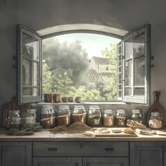 A delightful Mediterranean kitchen scene with an array of colorful spices and herbs neatly arranged on the windowsill.
