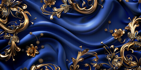Royal Blue Satin Adorned with Golden Scrolls - Opulent 3D Banner with an Enchanting Gleam