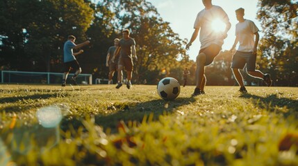 Obraz premium Group of friends playing a casual soccer game on the field