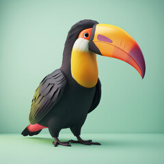 Digital illustration of a colorful toucan with a large beak against a pastel green background, symbolizing tropical wildlife.