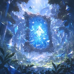 Mystical Woodland Wonderland with Radiant Crystal Portal and Floating Bioluminescent Particles