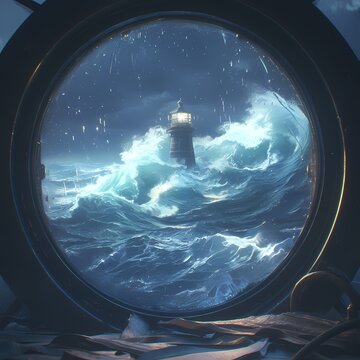 Majestic Lighthouse Glows in the Storm, Guide the Way Through Raging Seas.