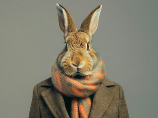 Rabbit dressed to impress in a sharp ensemble featuring a tailored jacket and a trendy carrot-patterned scarf, projecting charm and poise with a touch of bunny allure.