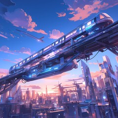 An advanced monorail system in a futuristic city, bathed in neon lights and set against the backdrop of the sky.