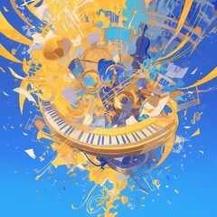 Euphonic Orchestra Spraying Musical Notes and Instruments into a Vibrant Blue Sky