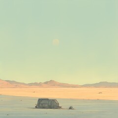 Fototapeta na wymiar Enchanting Desert Sunrise: A Mysterious Hut on a Barren Dune