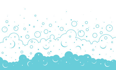 Cartoon soap line bubble background, bath foam frame, shower water pattern, laundry suds outline design. Beer, sea and blue cloud air. Abstract wash vector illustration