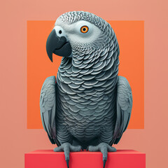 Highly detailed grey parrot illustration with an orange backdrop, perfect for educational use.