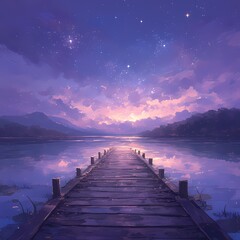 Ethereal Scene of a Rustic Dock by Calm Waters at Twilight