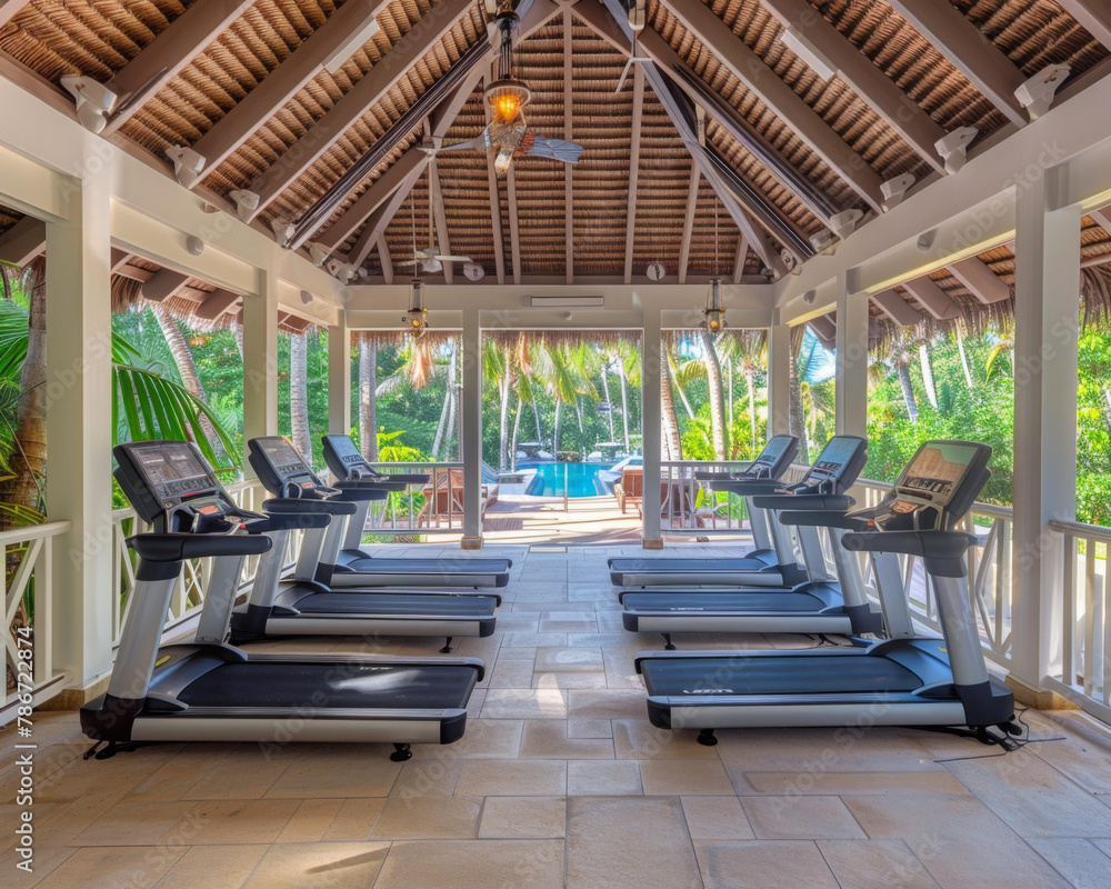 Poster a gym with treadmills and a pool in the background. generative ai.