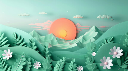 Fototapeta na wymiar 3D illustration of a sunrise in a stylized paper cut art landscape with flowers.
