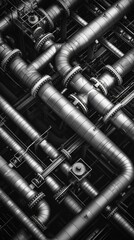 A black and white photo of a large industrial pipe system. Generative AI.