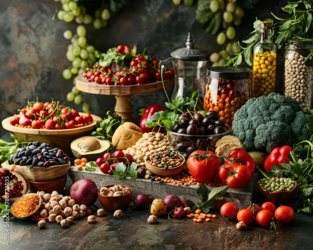 Poster a table with many different types of fruits and vegetables. generative ai.