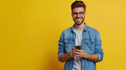 Portrait of a Charming male entrepreneur with hand in pocket smiling and messaging over mobile phone. Happy young man wearing denim shirt and eyeglasses standing isolated on yellow background - obrazy, fototapety, plakaty