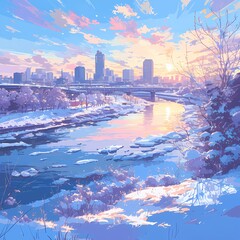 Captivating Urban Skyline Silhouette with Snowy Bridge and Calm Water under the Glowing Sun
