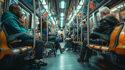 Naklejka premium A group of people sitting on a train with their backs to the camera. Generative AI.