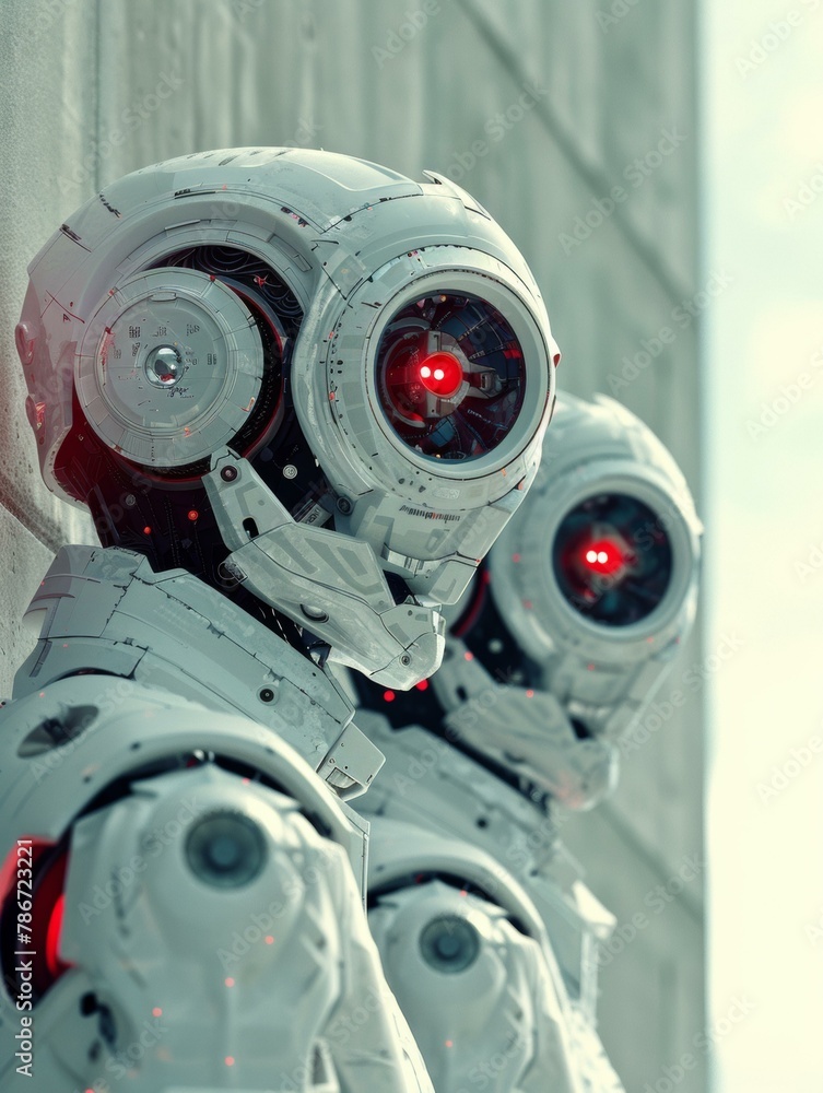 Poster two robots standing next to each other with red glowing eyes. generative ai.