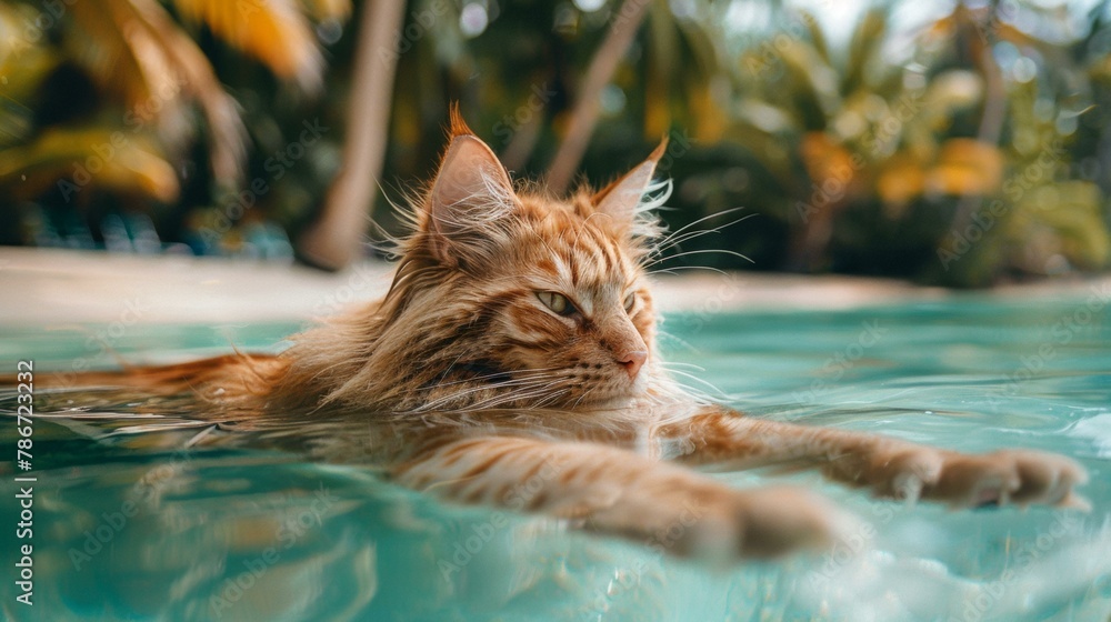 Poster a cat swimming in a pool of water with palm trees behind it. generative ai.