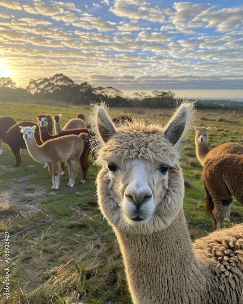 Poster a group of llamas and alpacas are standing in a field. generative ai.