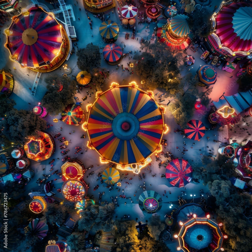 Poster an overhead view of a carnival with colorful lights and rides. generative ai.