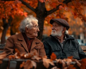 An older couple sitting on a bench in front of fall foliage.