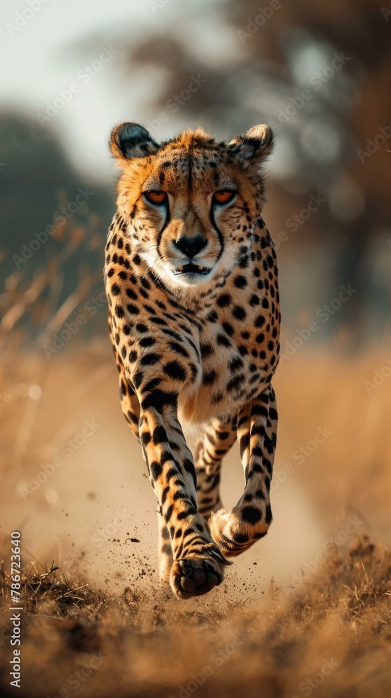 Poster a cheetah running across a field with grass and trees in the background. generative ai.
