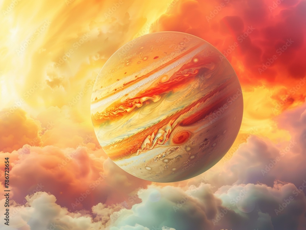 Poster a planet in the clouds with colorful skies. generative ai.