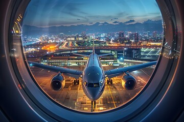 Fototapeta na wymiar Captivating Commercial Aviation Through a Majestic Airport Cityscape at Night