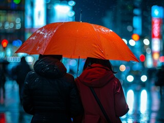 Two people are standing under an orange umbrella on a rainy night. Generative AI.