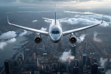Majestic Commercial Jet Soaring High Above Dramatic Cityscape Under Overcast Skies