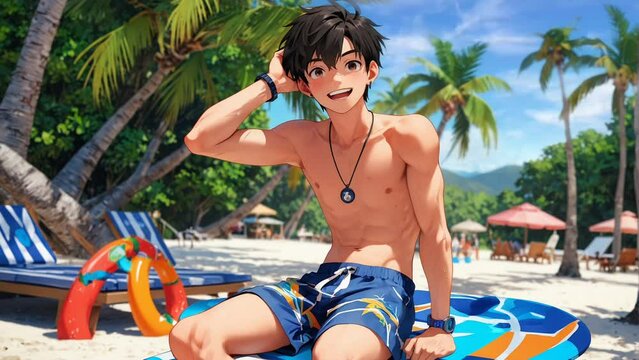 Anime character on summer beach vacation, prepared with life vest for safe swimming adventures