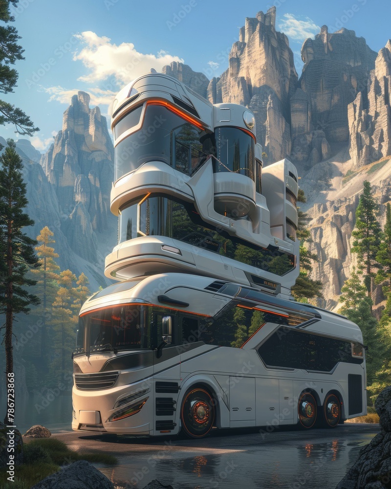 Poster a futuristic bus with a stacked design on the side. generative ai.