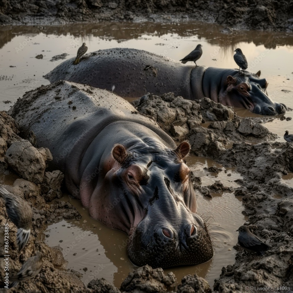 Poster two hippos are laying in a muddy pool with birds on their backs. generative ai.